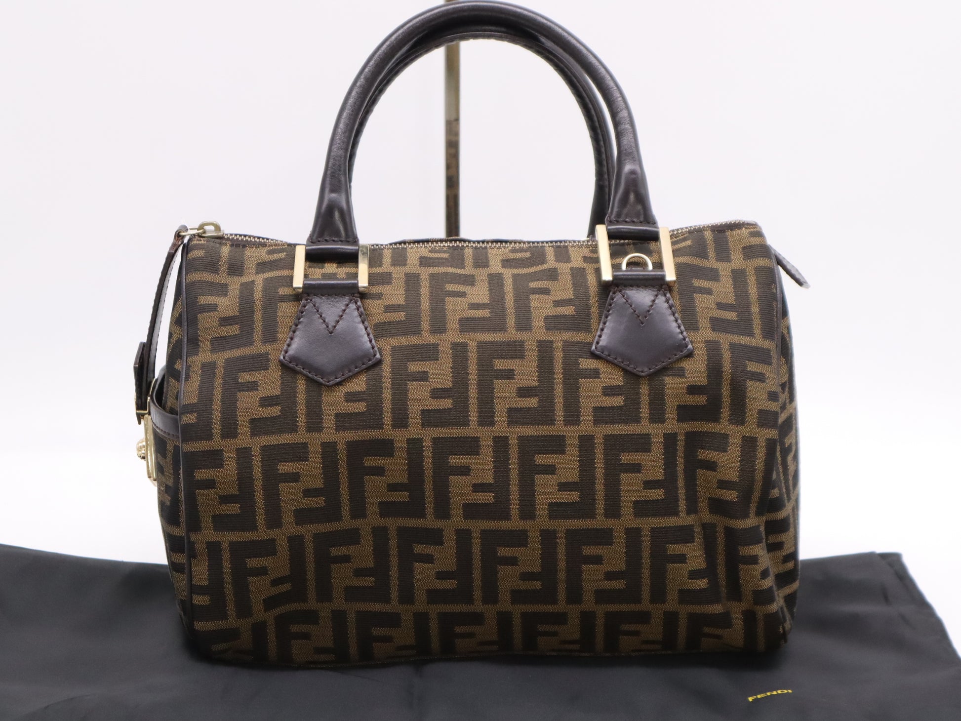 FENDI 8BL104 Zucca Mini Boston Bag, Brown, with Dust Bag