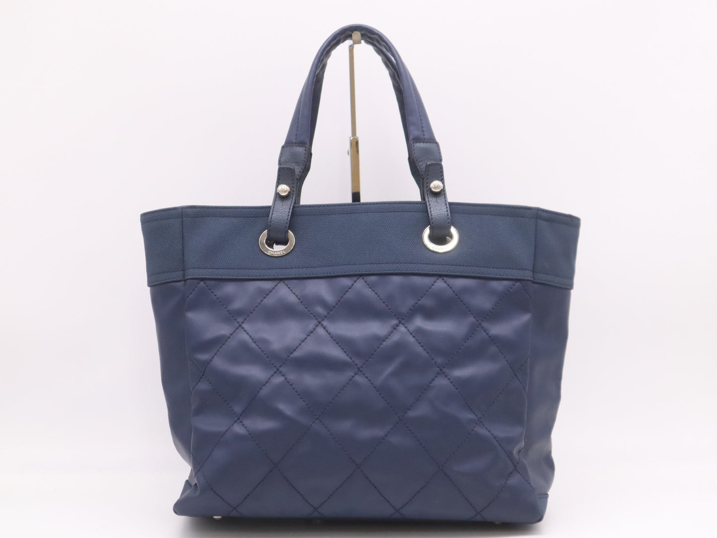 CHANEL Paris Biarritz Tote MM Leather Canvas with Silver Hardware and Navy Seal 15564244 Tote Bag