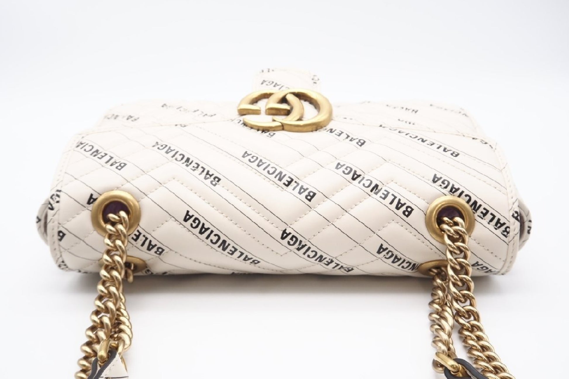 BALENCIAGA 443497 Double G Leather GG Marmont Quilted Hacker Ivory Shoulder Bag
