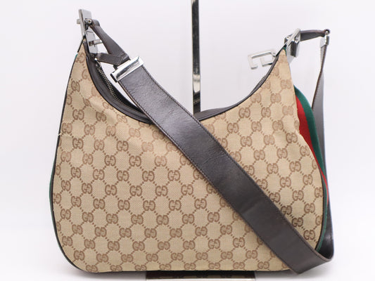 GUCCI 001-3315 GG Canvas Sherry Line Khaki Beige Dark Brown Shoulder Bag
