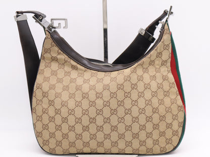 GUCCI 001-3315 GG Canvas Sherry Line Khaki Beige Dark Brown Shoulder Bag