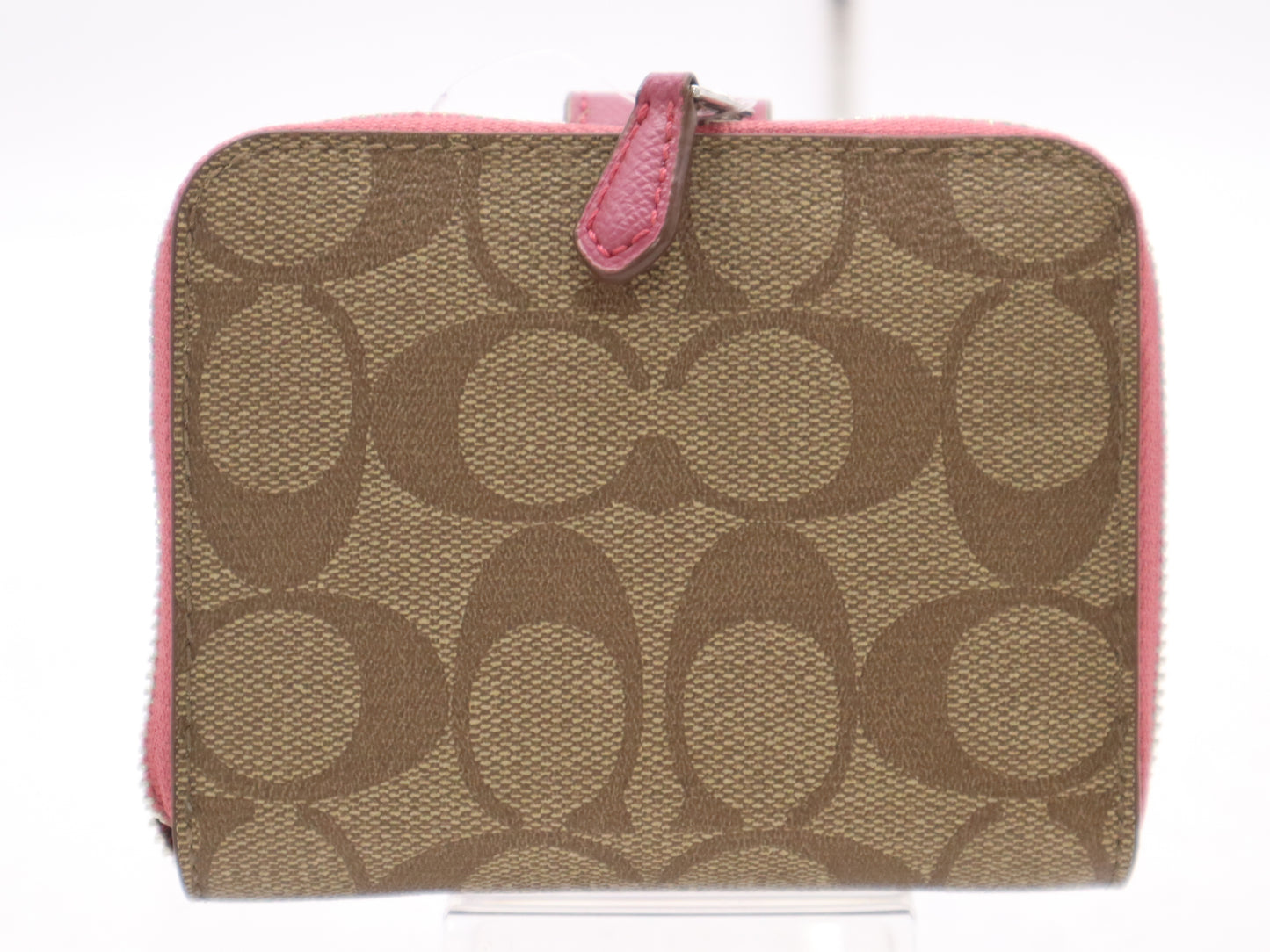 COACH F52675 Signature Medium Zip-Around Leather PVC Beige Pink Wallet