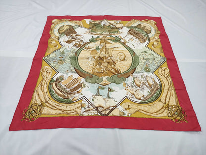 HERMES 100% Silk Carré 90 AU DELA DES CINQ MERS Across the Five Seas Red Blue Scarf
