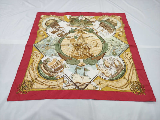 HERMES 100% Silk Carré 90 AU DELA DES CINQ MERS Across the Five Seas Red Blue Scarf