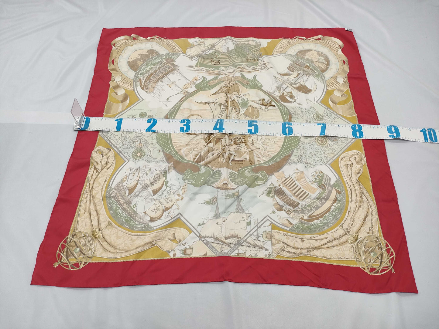 HERMES 100% Silk Carré 90 AU DELA DES CINQ MERS Across the Five Seas Red Blue Scarf