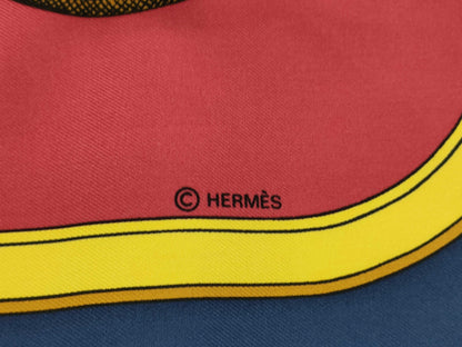 HERMES 100% Silk Carré 90 GRAND APPARAT Horse in Full Dress Red and Blue Scarf