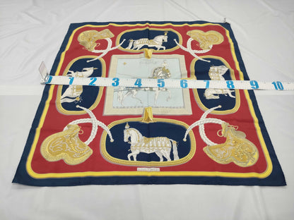 HERMES 100% Silk Carré 90 GRAND APPARAT Horse in Full Dress Red and Blue Scarf