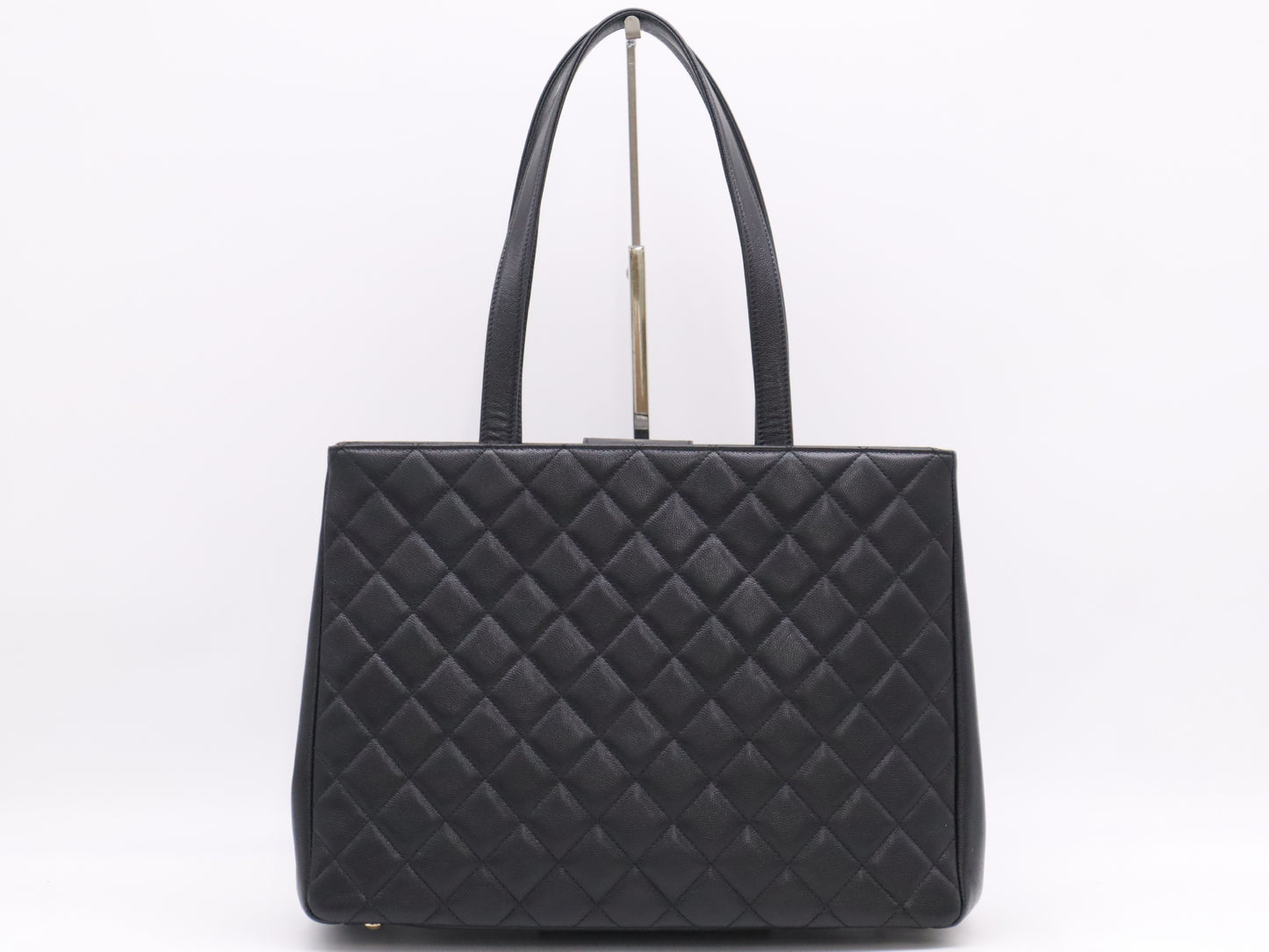 CHANEL Caviar Skin Coco Mark Matelasse Business Affinity Black Tote Bag with GD Hardware, Dust Bag, Card Holder, and Sticker, 23427878