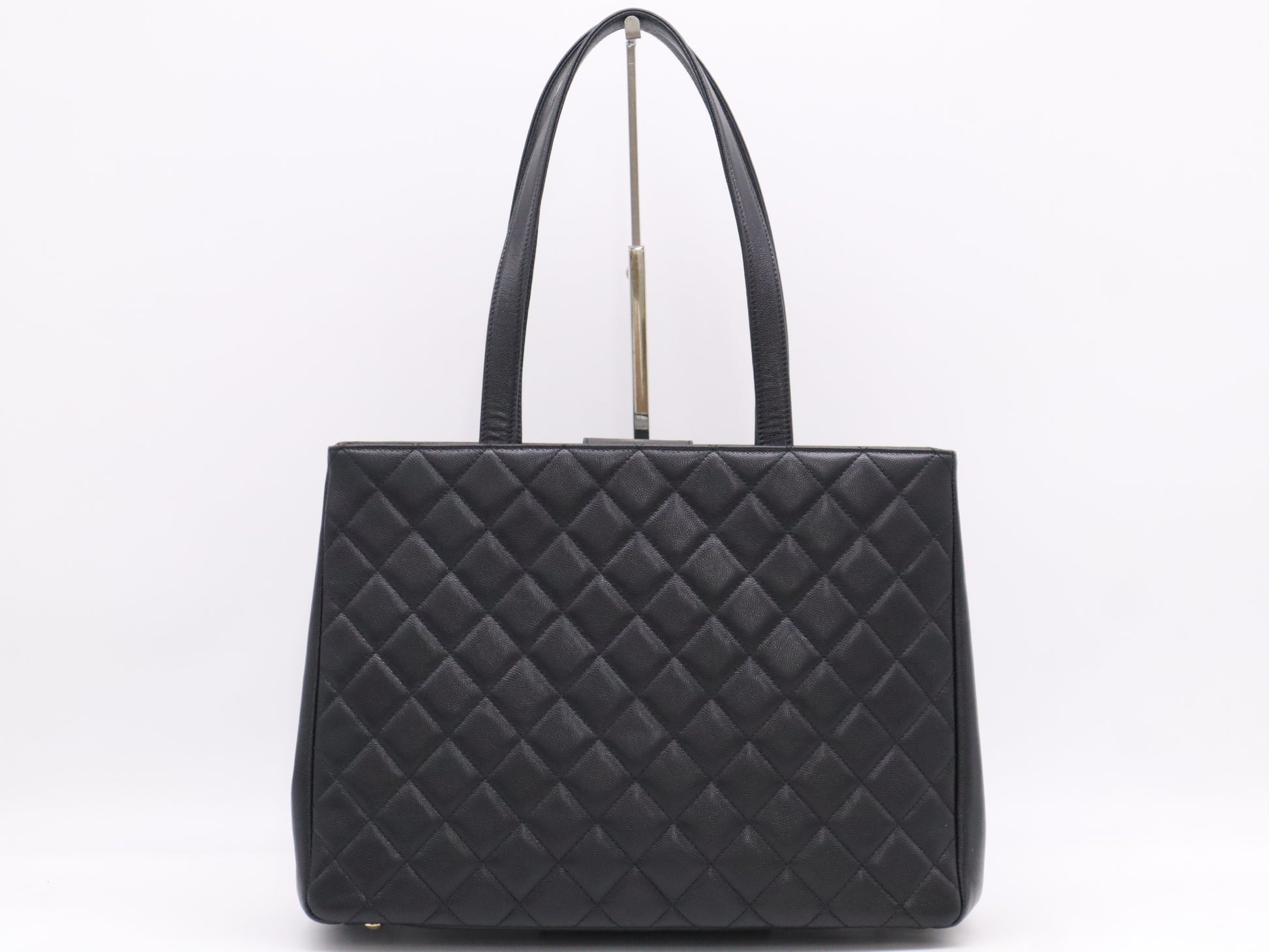 CHANEL Caviar Skin Coco Mark Matelasse Business Affinity Black Tote Bag with GD Hardware, Dust Bag, Card Holder, and Sticker, 23427878