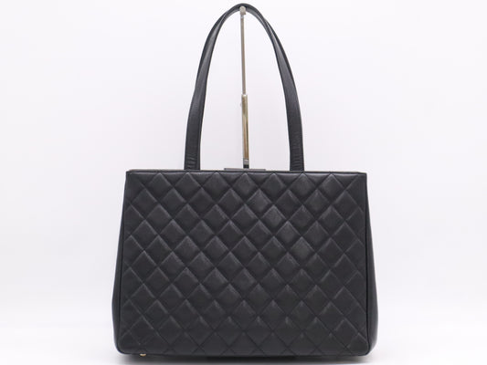 CHANEL Caviar Skin Coco Mark Matelasse Business Affinity Black Tote Bag with GD Hardware, Dust Bag, Card Holder, and Sticker, 23427878