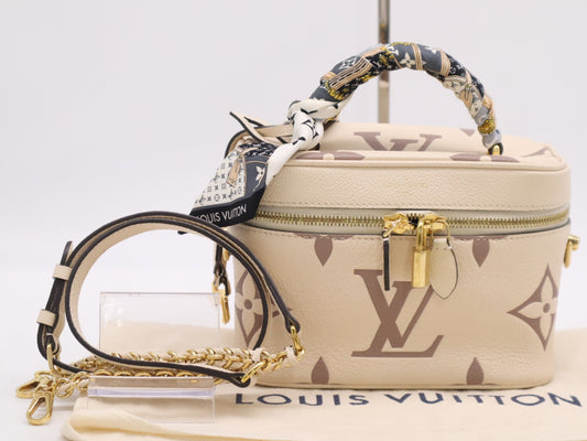 LOUIS VUITTON M45599 Monogram Empreinte Vanity PM Handbag with RFID Ready Scarf, Strap, Cloche, Padlock, Two Keys, and Dust Bag