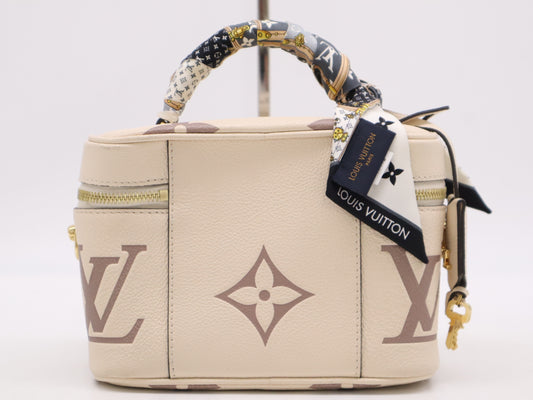 LOUIS VUITTON M45599 Monogram Empreinte Vanity PM Handbag with RFID Ready Scarf, Strap, Cloche, Padlock, Two Keys, and Dust Bag