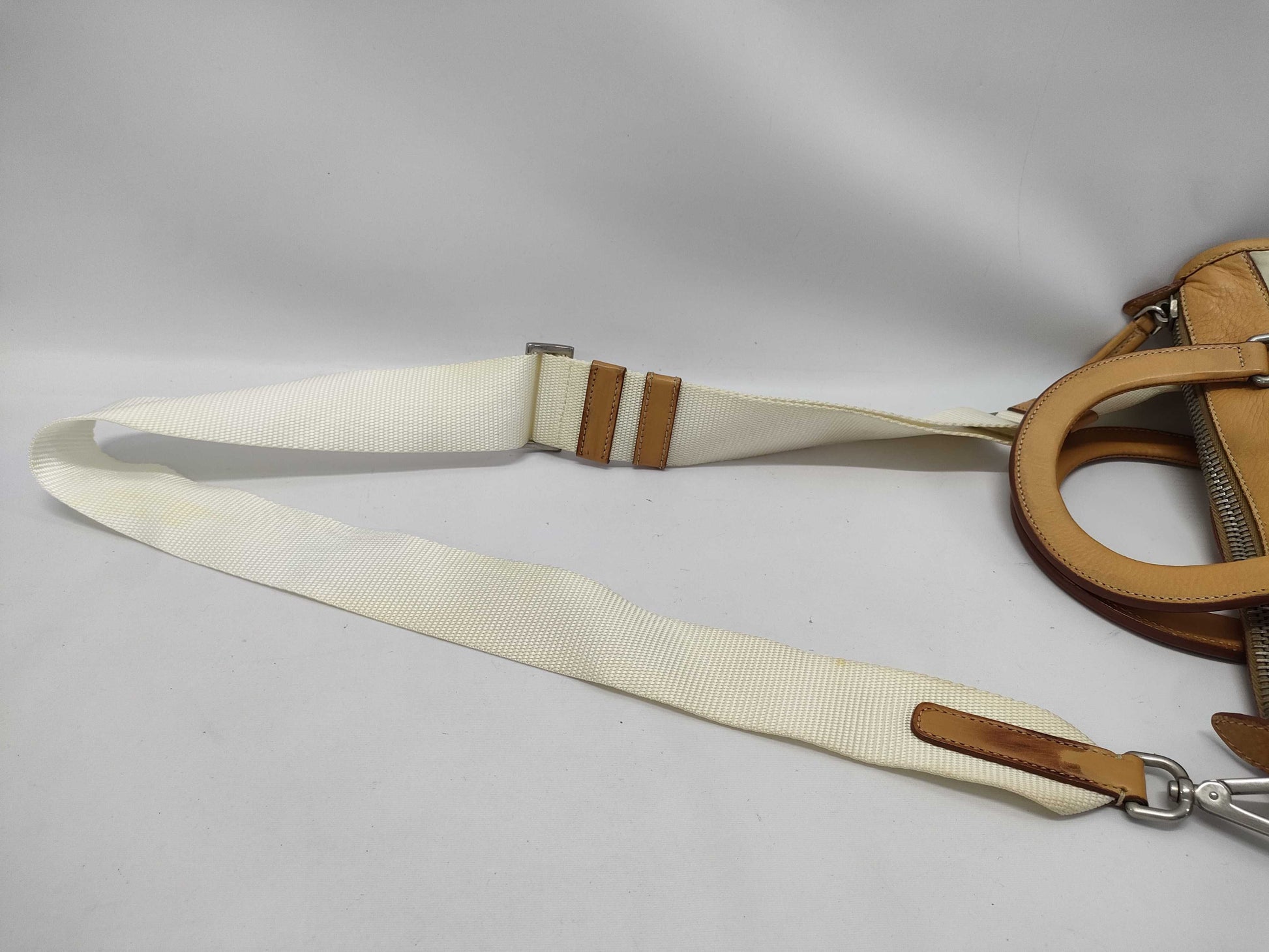 PRADA Nylon and Leather 2-Way Handbag in Brown and Ivory with Strap