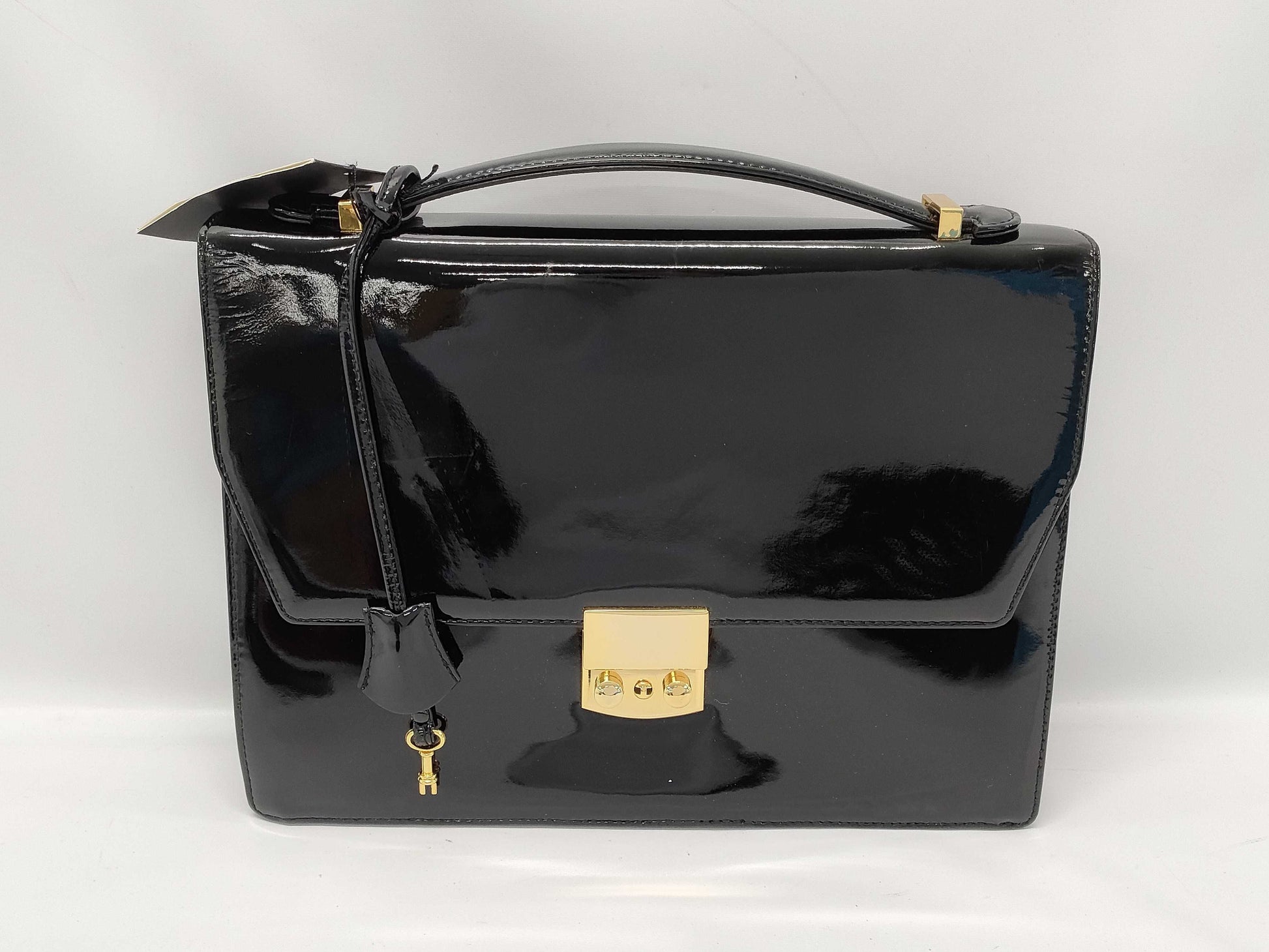 YOSHIE INABA Patent Leather 2-Way Handbag in Black with Key, Strap, and Cloche