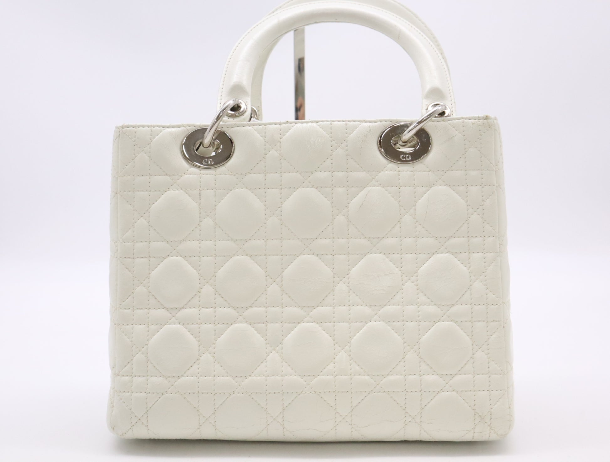 Dior Lady Dior Leather Medium Handbag White with Strap