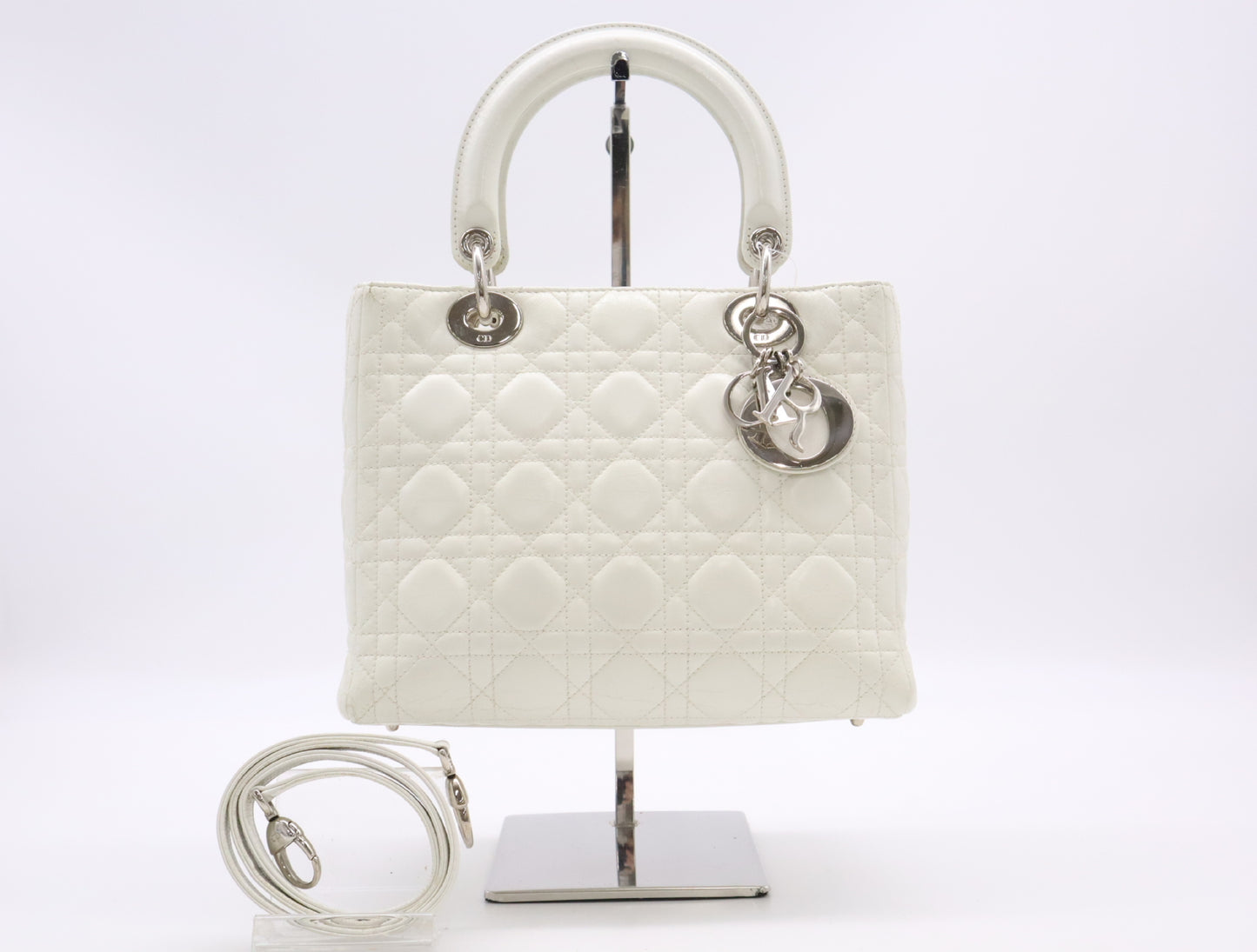 Dior Lady Dior Leather Medium Handbag White with Strap