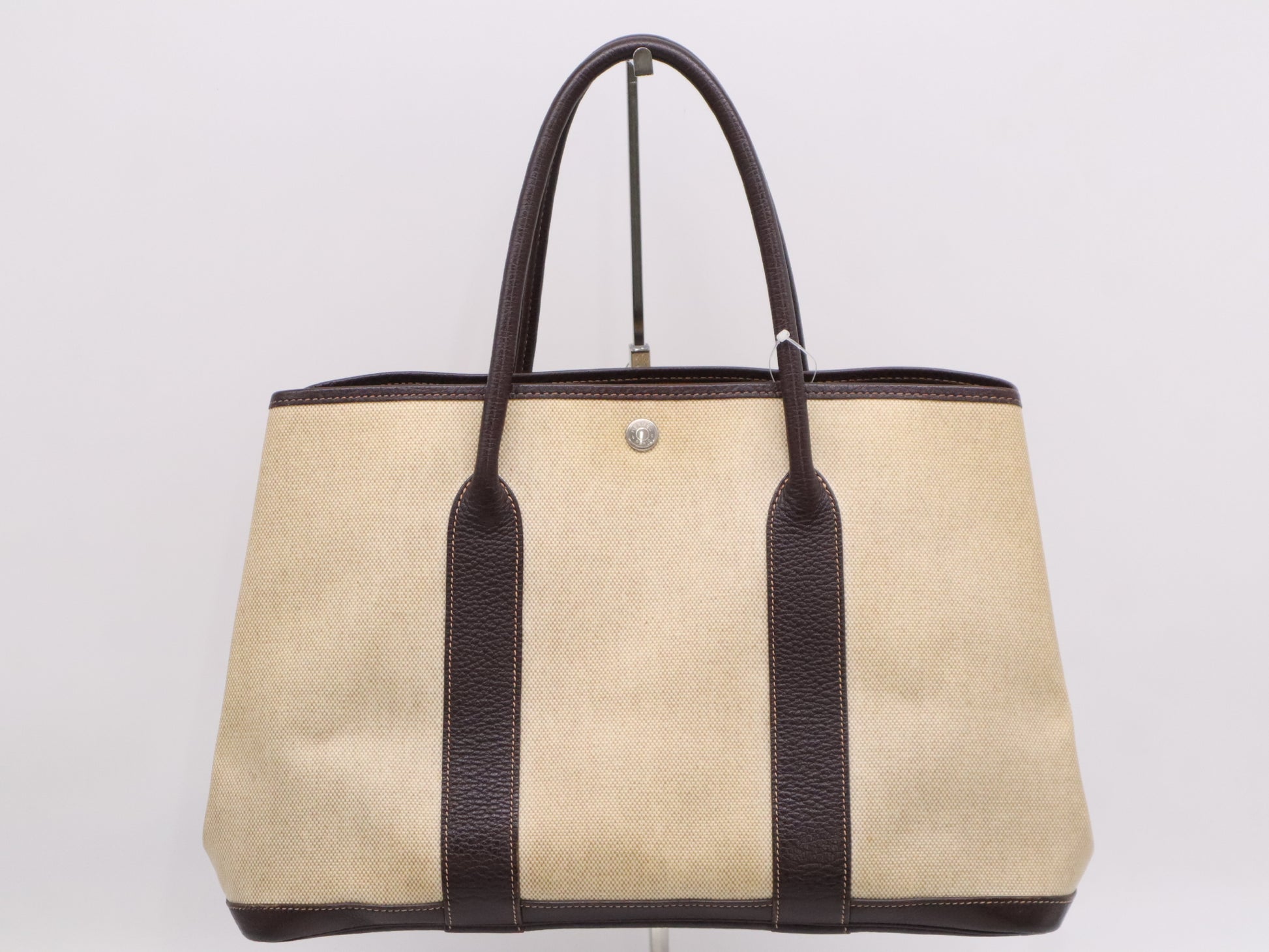 HERMES Toile H x Leather Garden Party Handbag, Beige/Brown, F Stamp, 2002