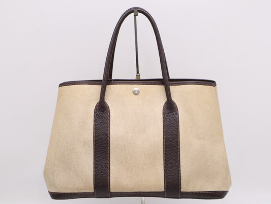 HERMES Toile H x Leather Garden Party Handbag, Beige/Brown, F Stamp, 2002
