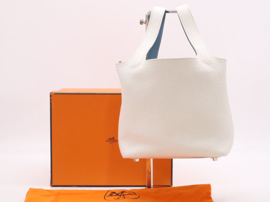 HERMES Taurillon Picotin 18 PM Eclat White Blue Handbag with Box and Dust Bag