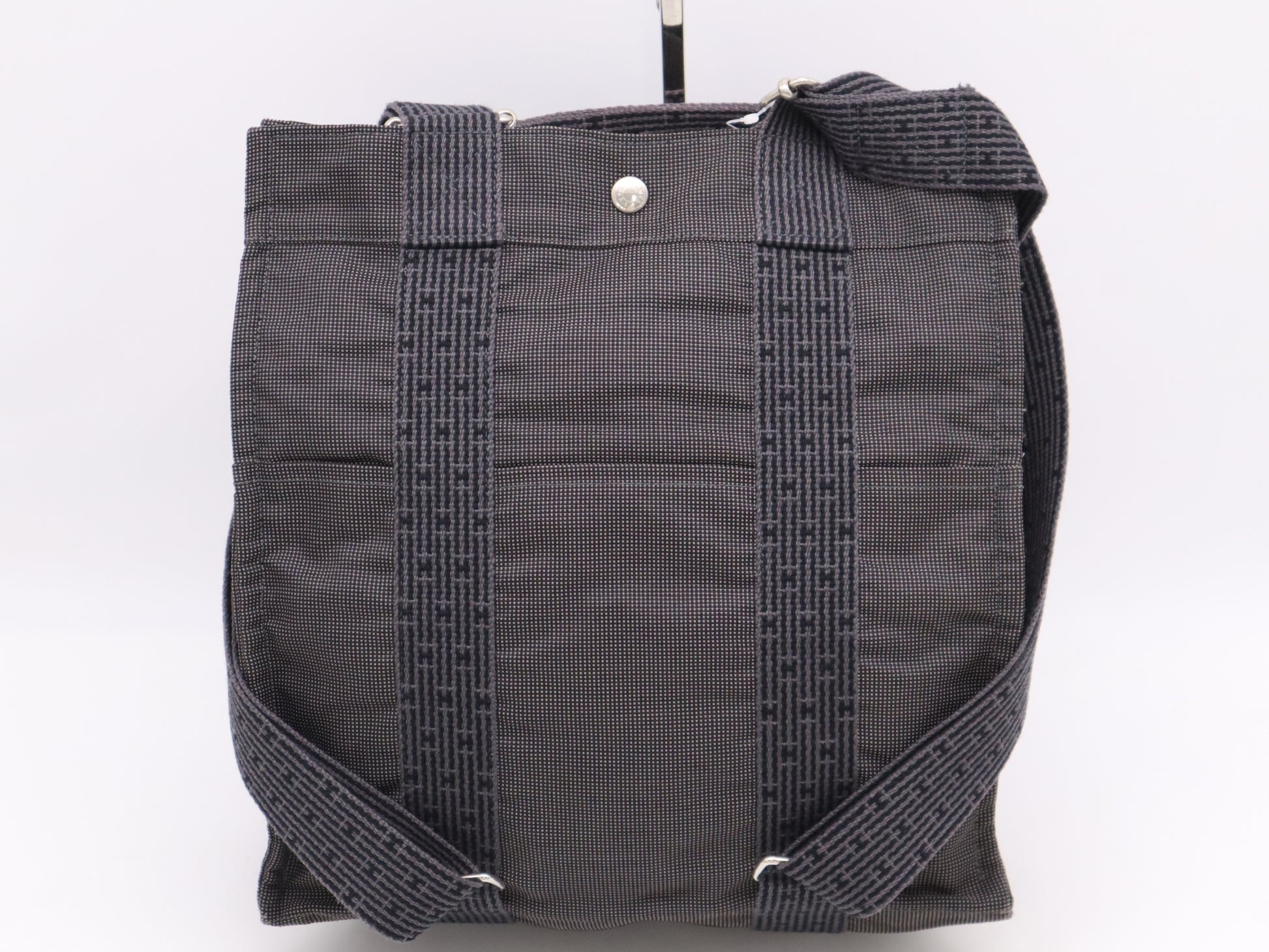 HERMES Air Line Nylon Canvas 〇R Stamp Air Line Ad MM Gray Black Tote Bag