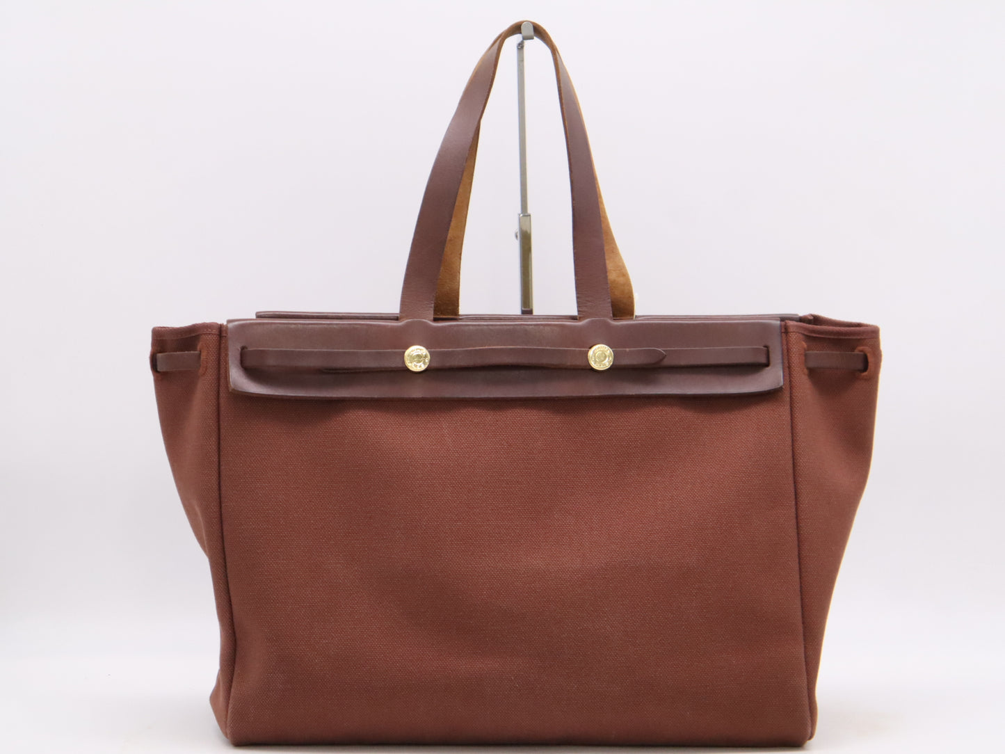 HERMES Toile Officier x Leather □F Stamp Air Bag Cabas GM Brown Tote Bag