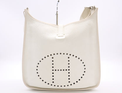HERMES Evelyn Taurillon Clemence K Stamp Evelyn PM II White Shoulder Bag with Shoulder Strap
