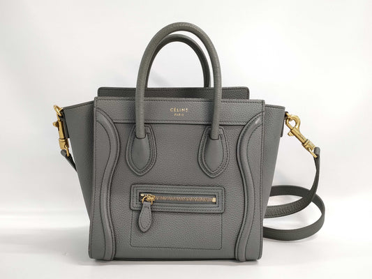 CELINE Leather Luggage Nano Shopper 2-Way Handbag, Gray, with Strap
