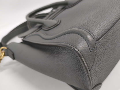 CELINE Leather Luggage Nano Shopper 2-Way Handbag, Gray, with Strap