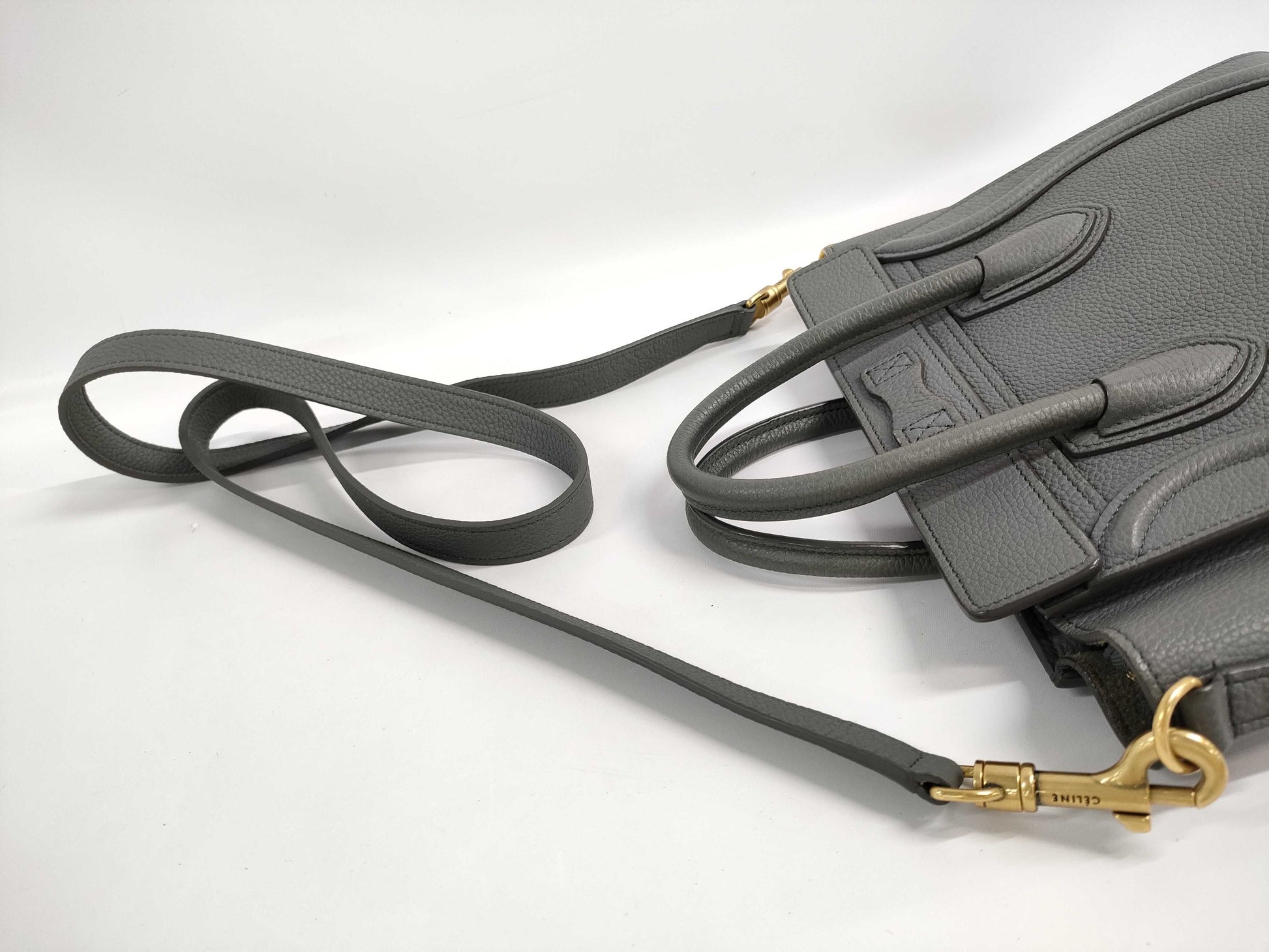 CELINE Leather Luggage Nano Shopper 2-Way Handbag, Gray, with Strap