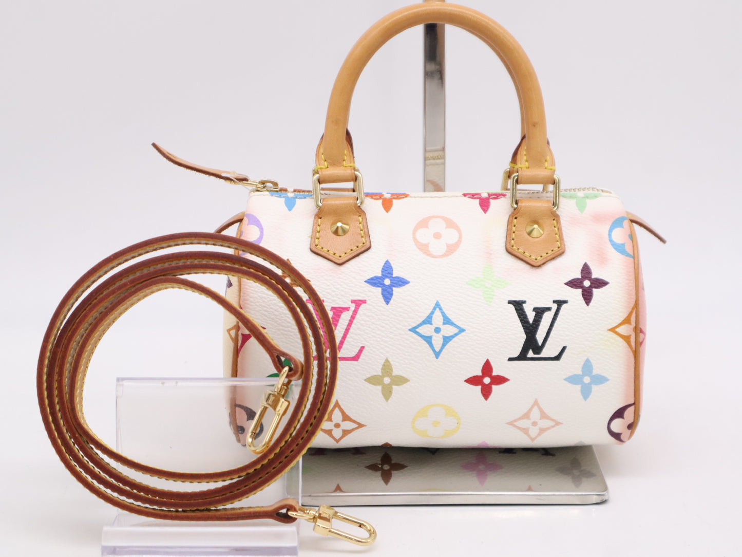 LOUIS VUITTON Monogram Multicolore M92645 Monogram Multicolore Mini Speedy Blanc Handbag with Shoulder Strap
