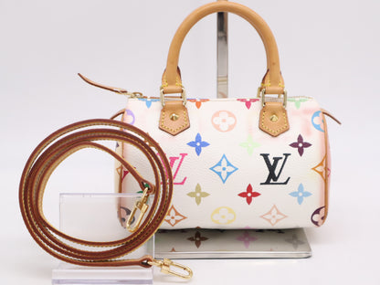 LOUIS VUITTON Monogram Multicolore M92645 Monogram Multicolore Mini Speedy Blanc Handbag with Shoulder Strap
