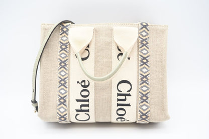 Chloe WOODY Small Tote Bag Slate Green Canvas Calfskin D29B Tote Bag
