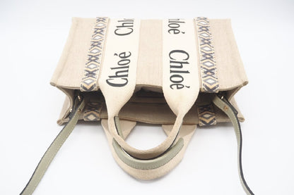 Chloe WOODY Small Tote Bag Slate Green Canvas Calfskin D29B Tote Bag