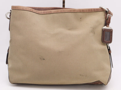 PRADA Jacquard Canvas Shoulder Bag with Leather Khaki and Brown
