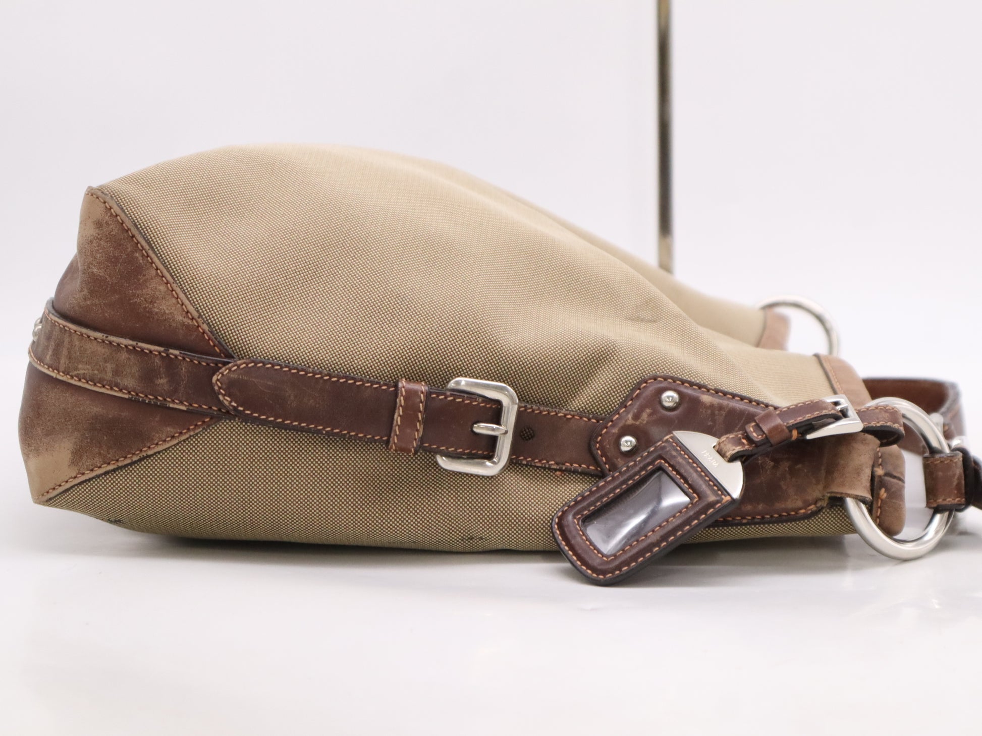 PRADA Jacquard Canvas Shoulder Bag with Leather Khaki and Brown