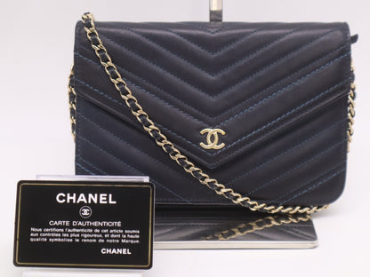 CHANEL Leather V-Stitch Coco Mark Chain Wallet Navy Blue with GD Hardware, Seal, Card Holder 26377920 Shoulder Bag