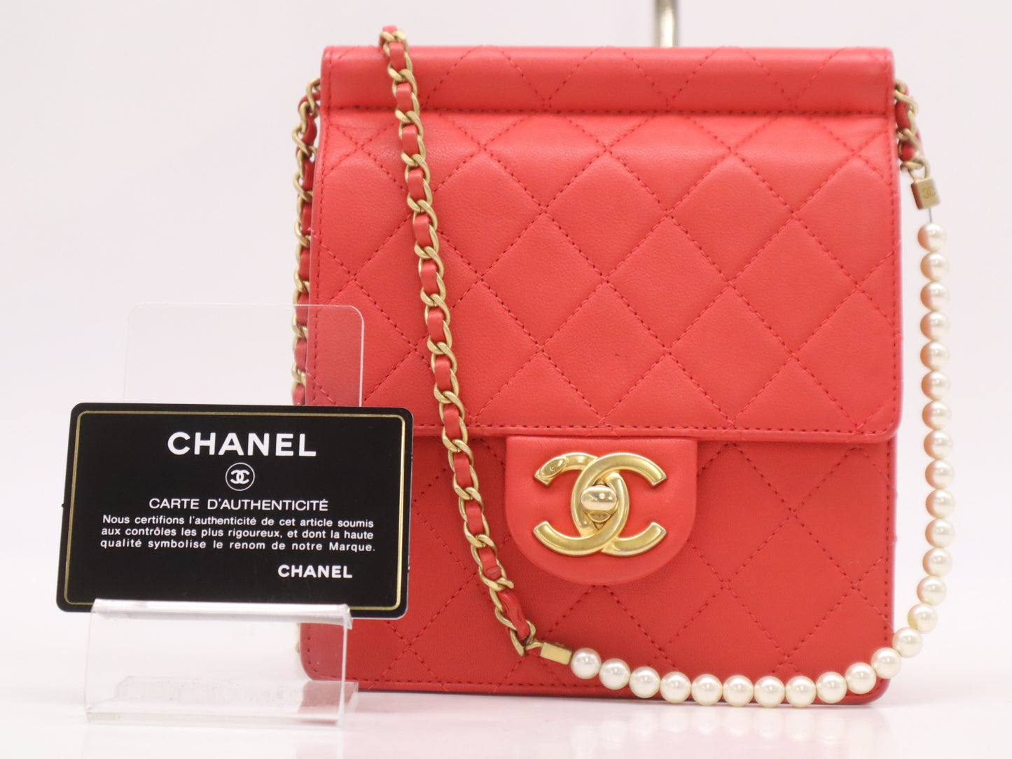 CHANEL Lambskin Matelasse Pearl Chain Shoulder Bag in Red with GD Hardware, Seal, and Card Included, 27686544