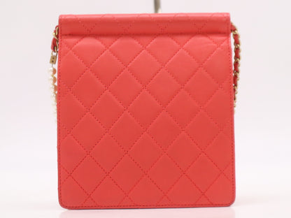 CHANEL Lambskin Matelasse Pearl Chain Shoulder Bag in Red with GD Hardware, Seal, and Card Included, 27686544