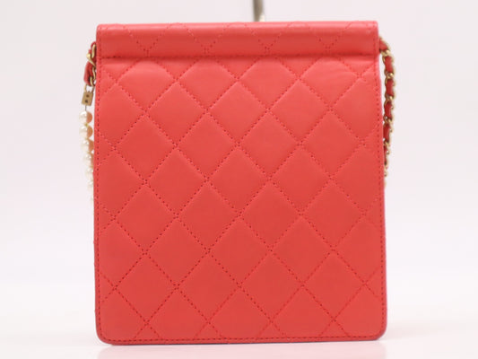 CHANEL Lambskin Matelasse Pearl Chain Shoulder Bag in Red with GD Hardware, Seal, and Card Included, 27686544