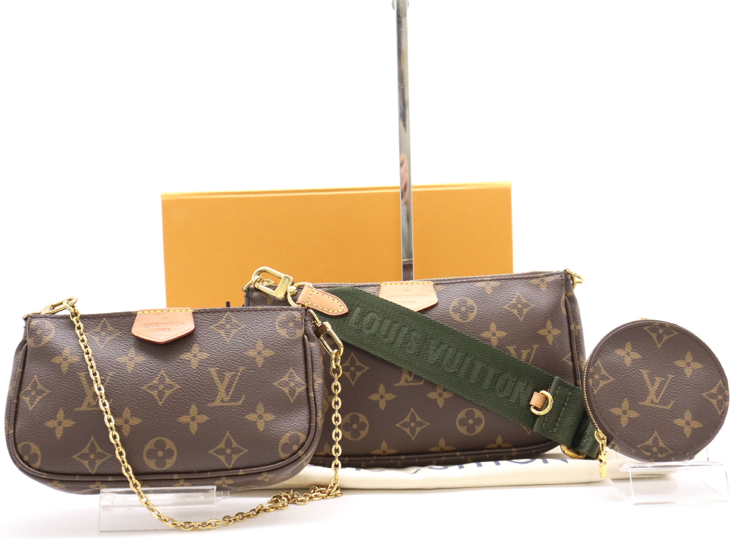 LOUIS VUITTON Monogram M44813 Monogram Multi Pochette Accessoires Khaki with Chain Strap, Shoulder Strap, Dust Bag, and Box. RFID Compatible.