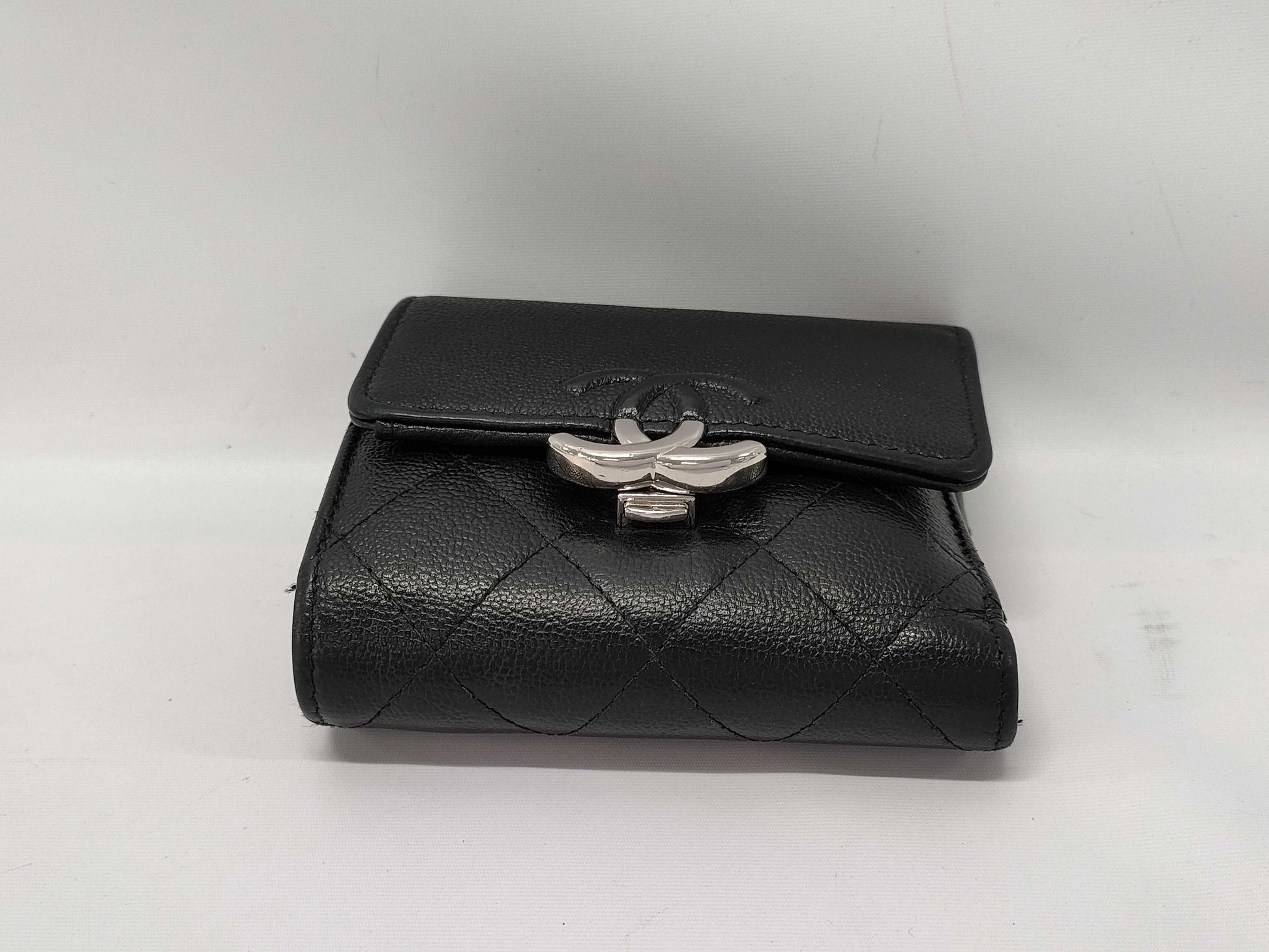 CHANEL Calfskin Tri-fold Wallet Matelasse Half Coco with Silver Hardware and Black Seal 29674335 Wallet