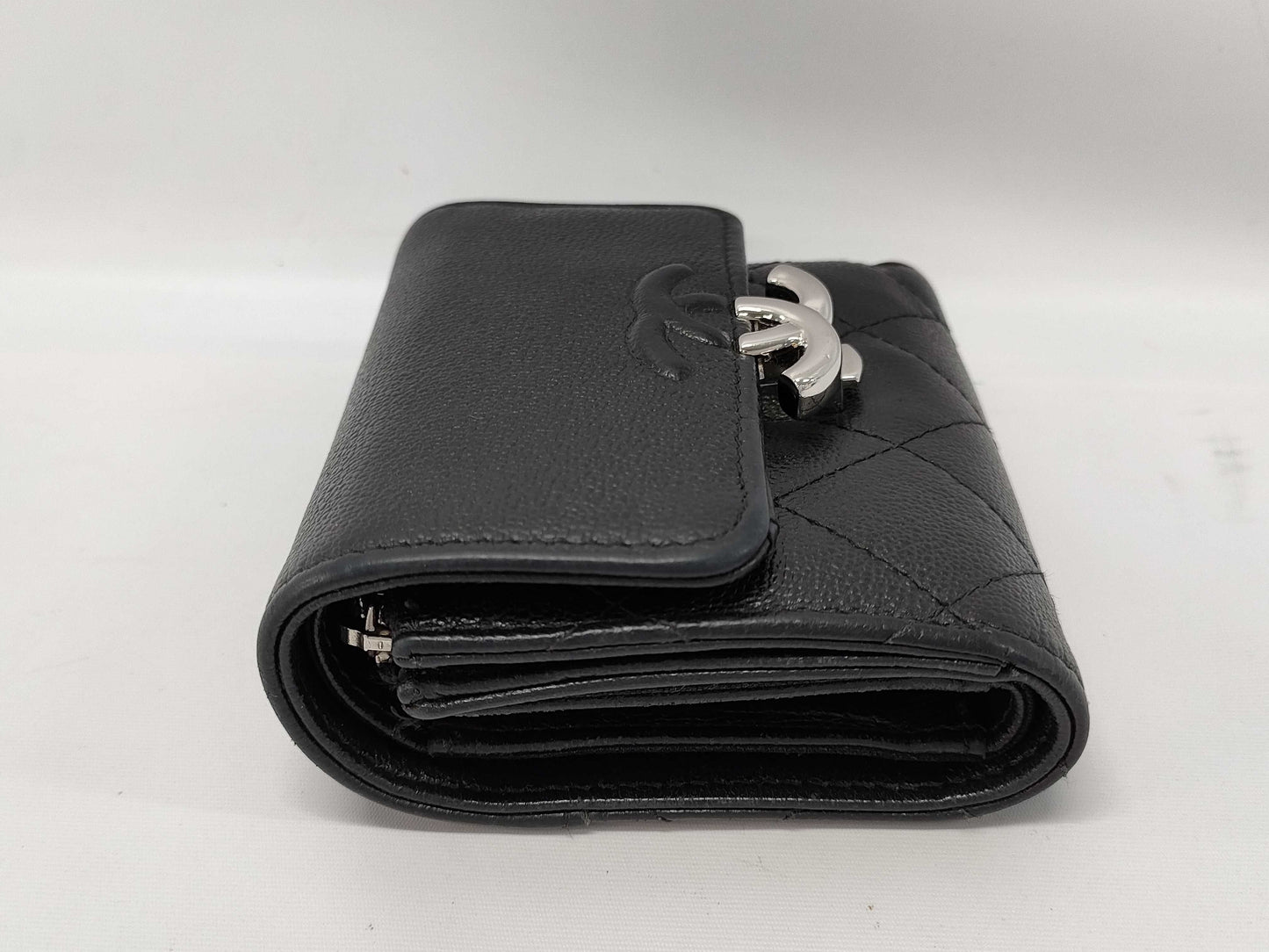 CHANEL Calfskin Tri-fold Wallet Matelasse Half Coco with Silver Hardware and Black Seal 29674335 Wallet