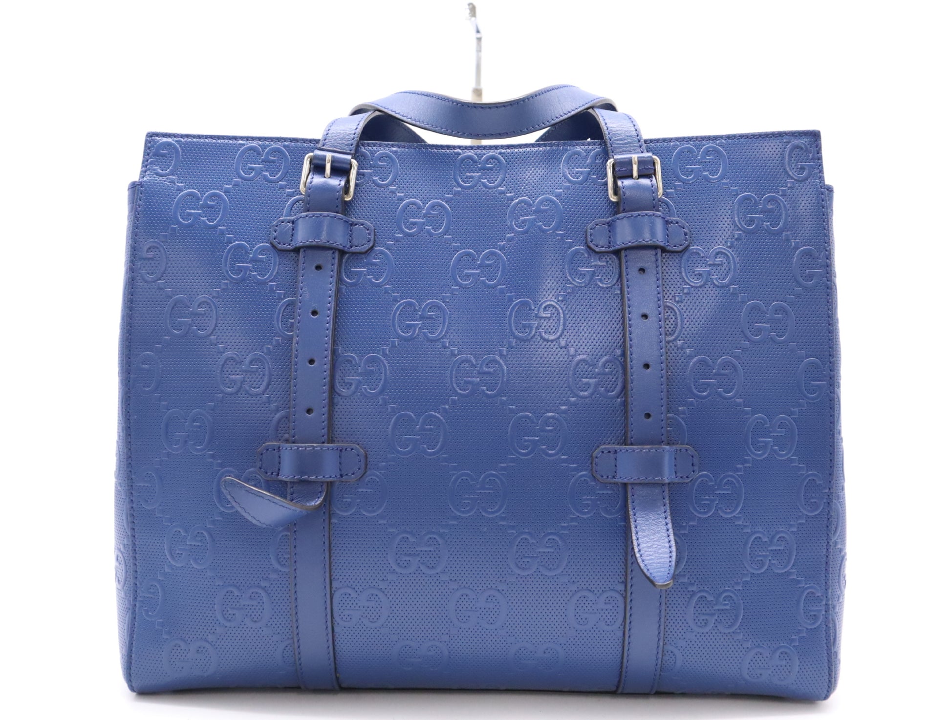 GUCCI Leather GG Embossed Tote Bag Blue Handbag