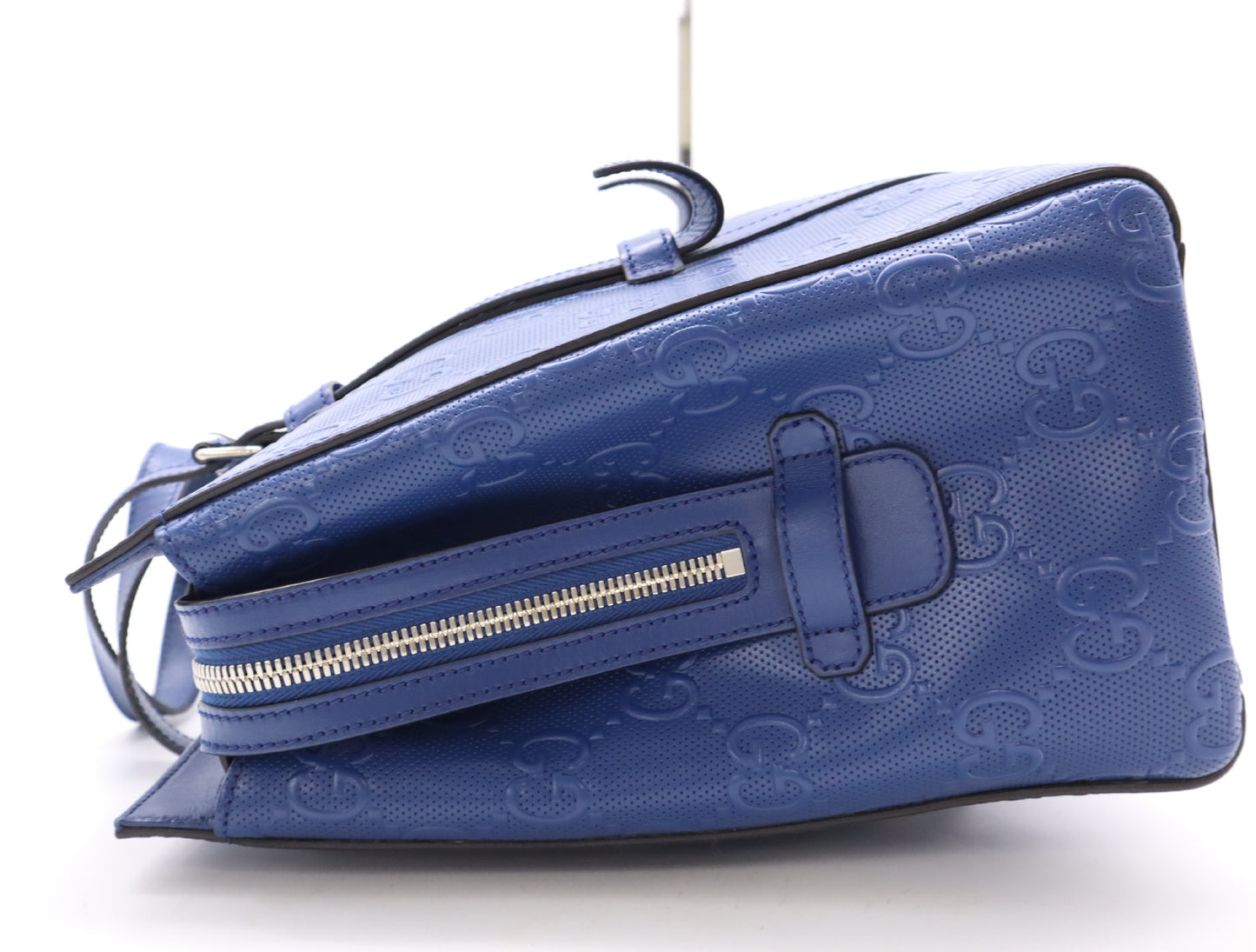 GUCCI Leather GG Embossed Tote Bag Blue Handbag