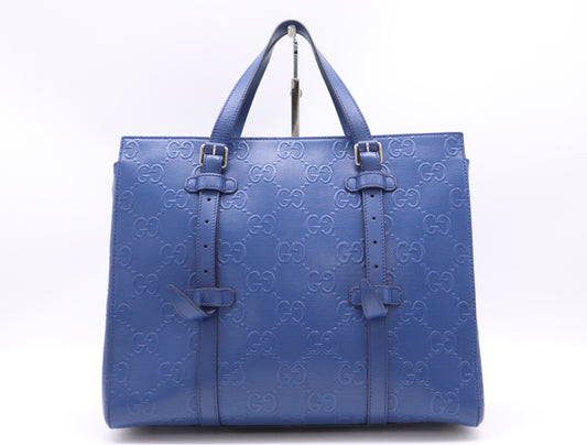 GUCCI Leather GG Embossed Tote Bag Blue Handbag
