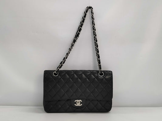 CHANEL Caviar Skin Matelasse 26 Double Flap Double Chain Shoulder Bag with Silver Hardware and Black Seal 15041131