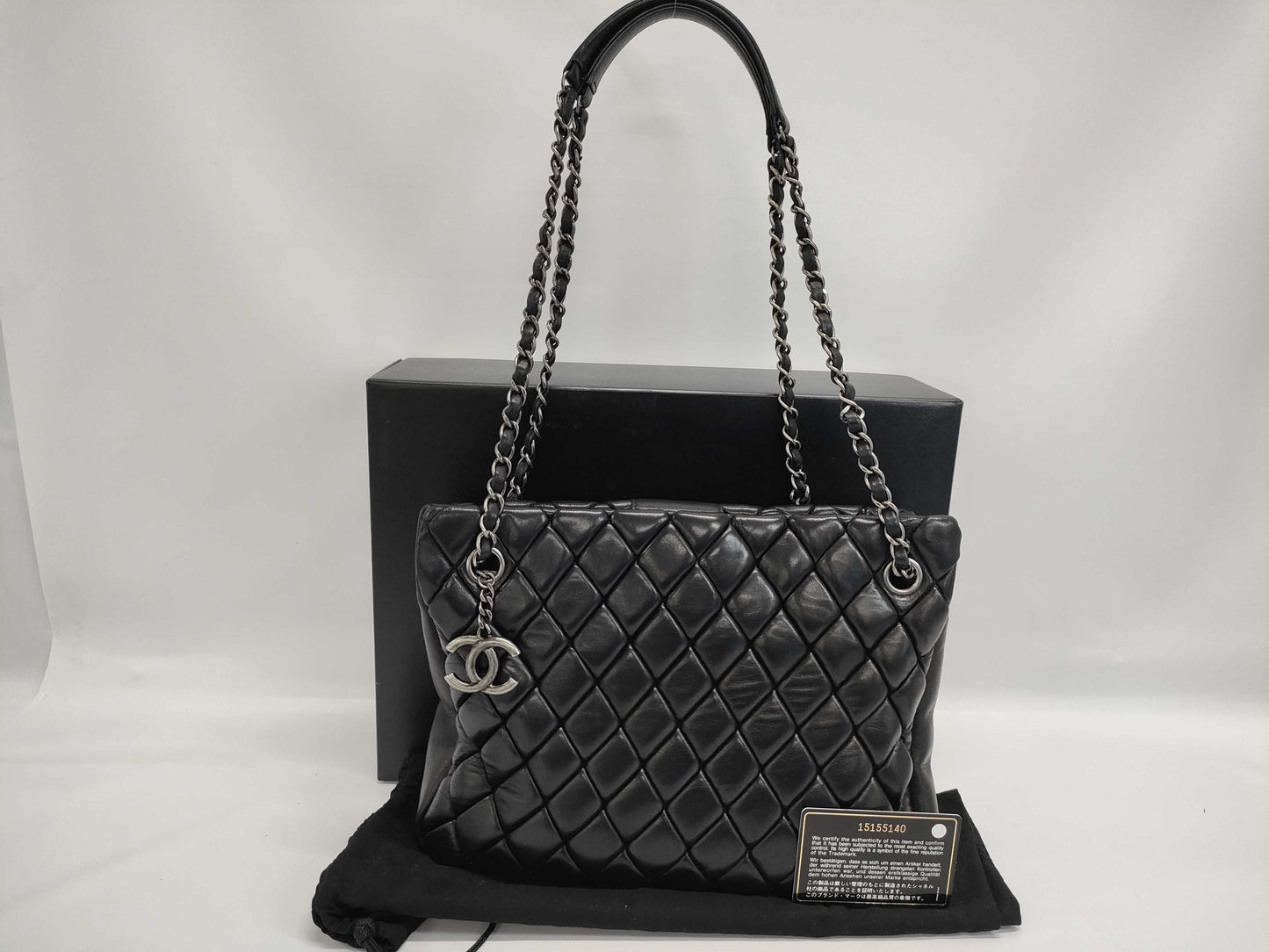 CHANEL Lambskin Matelasse Chain Tote Bag in Black with Guarantee Card 