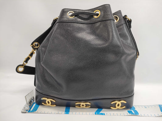 CHANEL Caviar Skin Triple Coco Mark Drawstring Chain Shoulder Bag, Black, GD Hardware, Pouch, Seal, 3625784 Shoulder Bag