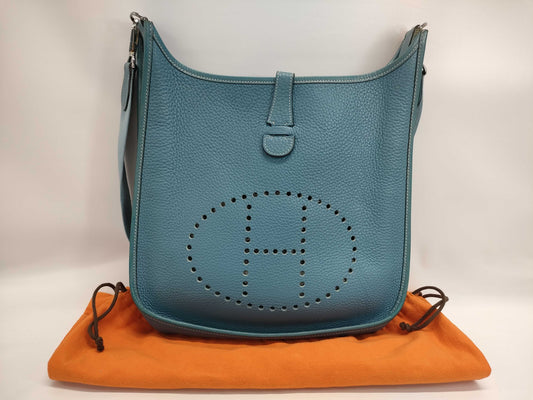 HERMES Taurillon Clemence □I Stamp Evelyn 2 PM Blue Tote Bag with Dust Bag