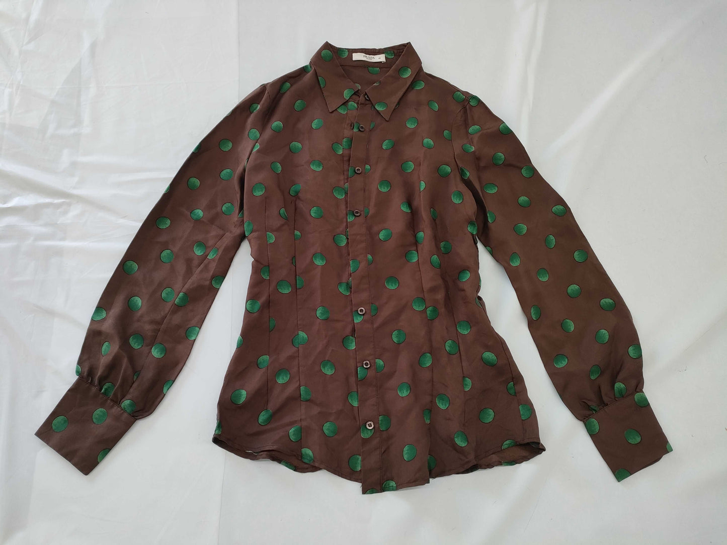 PRADA Shirt, Polka Dot Silk, Brown and Green, #40